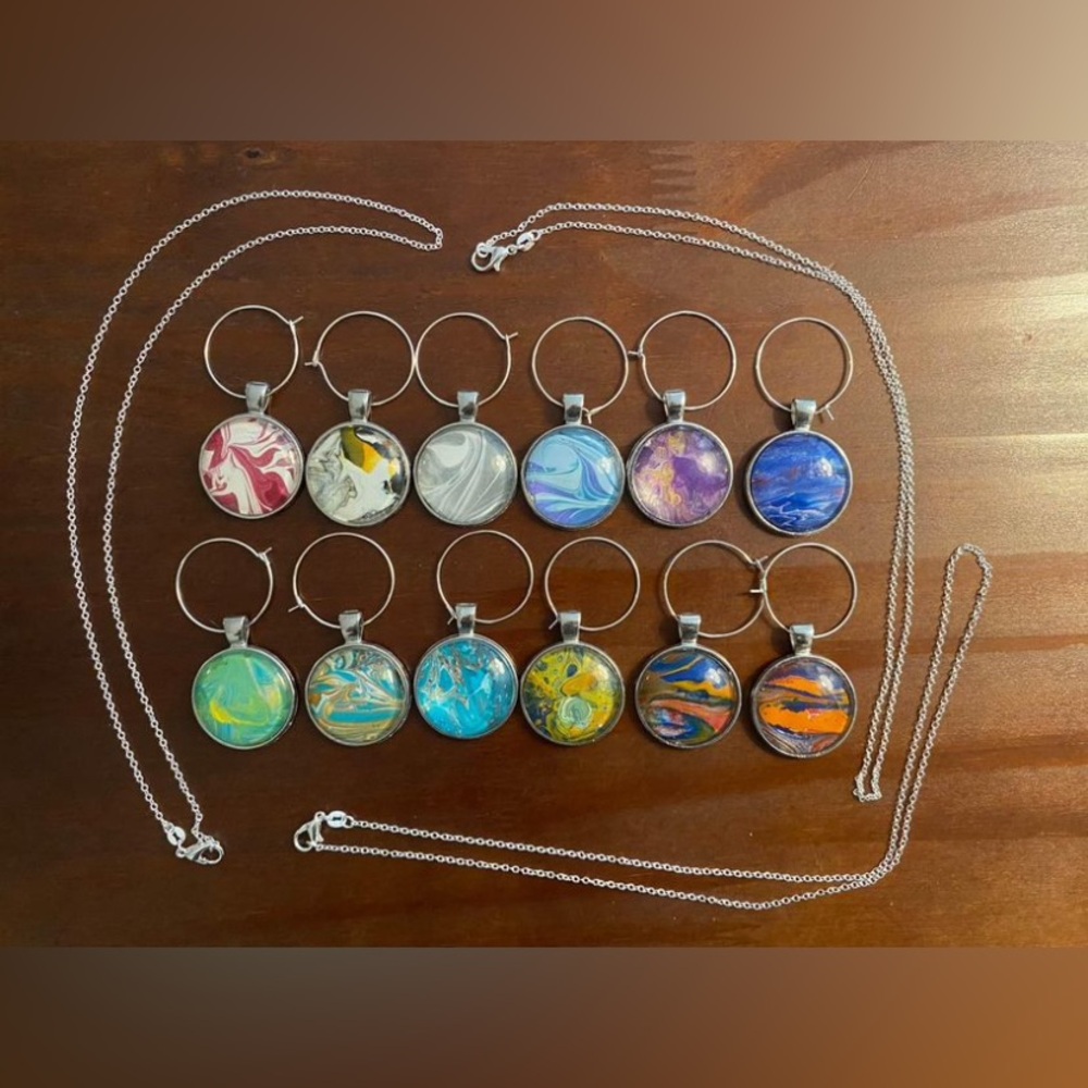 Set of 12 glass pendants (or wine glass markers) with three 20” necklace chains